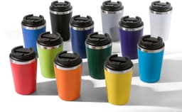 A collection of travel mugs in various colours including red, blue, green, purple, and yellow, featuring lids and sleek designs.