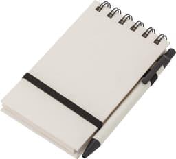 A light beige recycled notebook with a black pen and elastic band, featuring a spiral binding.