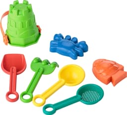 A green beach bucket with a castle design, accompanied by various sand moulds and colourful shovels in red, yellow, and orange.
