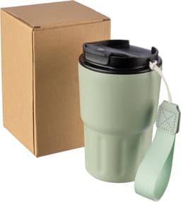 A travel mug in matte green with a black lid, accompanied by a brown cardboard box.