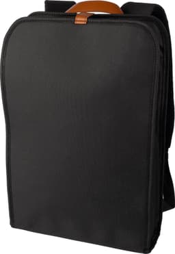 A black rPET polyester backpack with a tan leather handle, featuring a simple design and adjustable straps.