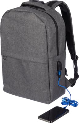 A grey rPET backpack with a zippered front and a device charging port, accompanied by a smartphone and earphones.