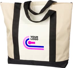 A large beige and black tote bag with black straps, featuring a logo on the front.