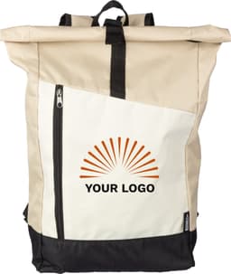 A roll-top backpack in beige, featuring a black bottom, a zipper pocket, and a logo design on the front.