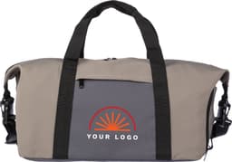 A grey and beige polyester duffel bag with black straps and a logo on the front.