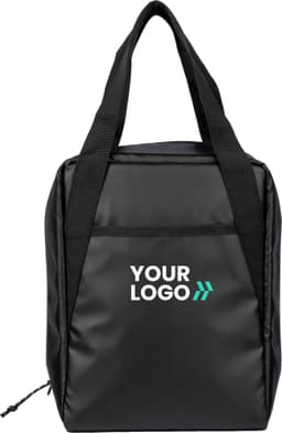 A black polyester (600D) cooler lunch bag with handles and a logo on the front.