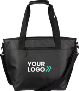 A black cooler carrying bag with a shoulder strap and a logo on the front.