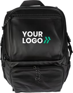 A black polyester cooler backpack featuring a logo on the front and two zippered compartments.