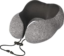 A grey memory foam travel pillow with a black mesh top and adjustable cord, featuring a logo.