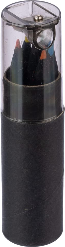 A set of coloured pencils in a cylindrical pouch with a transparent lid, featuring multiple shades including blue, red, and green.