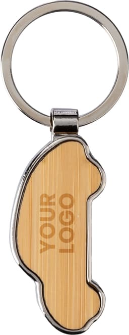 A zinc alloy key holder in a unique shape, featuring a bamboo insert and a logo. The key holder is silver and natural wood in colour.