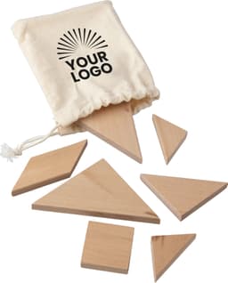 A natural wooden tangram puzzle set in a canvas bag, featuring various geometric pieces in light wood tones.