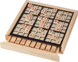 A wooden Sudoku game featuring a board with natural wood tones and numbered tiles in a storage drawer.
