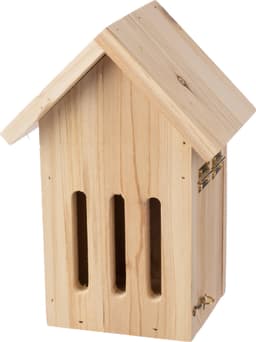A pine wooden butterfly house with a natural finish, featuring three ventilation slots and a hinged roof.