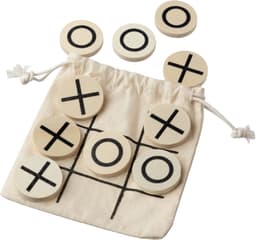 A natural wooden tic-tac-toe game featuring black and white pieces in a cotton drawstring bag.