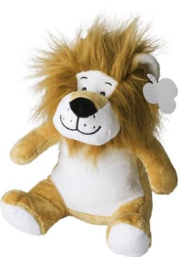 A plush toy lion with a fluffy mane, featuring a smiling face and a white and brown colour scheme.