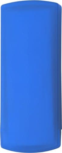 A blue plastic case containing plasters, featuring a logo on the surface.
