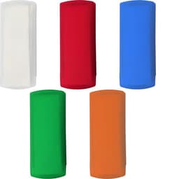 A collection of five plastic cases in white, red, blue, green, and orange, each containing plasters and featuring a logo.