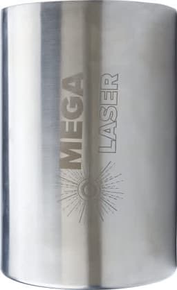 A stainless steel wine cooler with a polished finish and a logo engraved on the front.