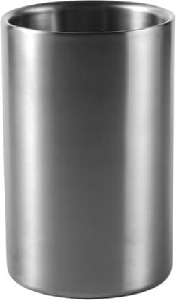 A stainless steel wine cooler with a sleek, polished finish in a cylindrical shape.