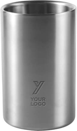 A stainless steel wine cooler with a sleek, polished finish and a logo on the front.