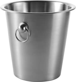 A stainless steel champagne bucket with a smooth finish and a ring handle.