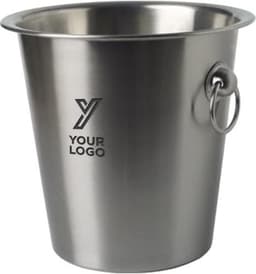 A stainless steel champagne bucket featuring a logo, with a shiny silver finish and a side handle.