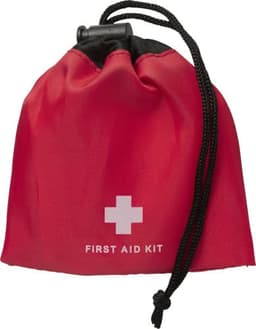 A red first aid kit with a drawstring closure, featuring a white cross and a label. Lightweight and portable.