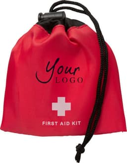 A red first aid kit bag with a drawstring closure, featuring a logo and a white cross symbol.