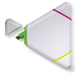 A triangular ABS highlighter in white with green, yellow, and pink accents, featuring a removable cap.