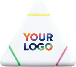 A triangular white text highlighter featuring yellow, pink, and green highlighting sections, with a logo on the front.