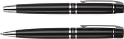 A black metal pen set featuring a sleek design with silver accents and a branding logo.