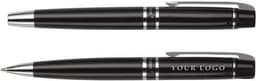 A set of two black metal pens with silver accents and branding.