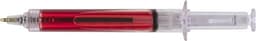 A red and clear ballpoint pen designed to resemble a syringe, featuring a plunger mechanism and a branded logo.