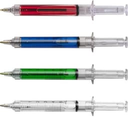Four injection-style ballpoint pens with red, blue, green, and clear barrels, each featuring a measurement scale.