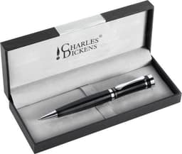 A black metal ballpen with silver accents, presented in a stylish black box with a soft interior and branding.