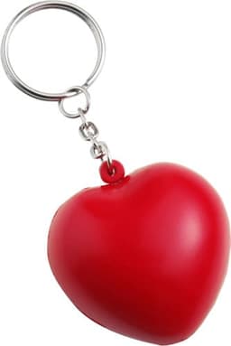 A red heart-shaped PU foam key holder with a metal keyring attached.