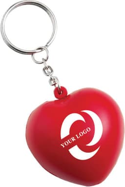 A red heart-shaped PU foam key holder with a metal keyring and a logo.