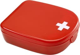 A red plastic first aid kit with a white cross symbol on the lid. It features a smooth, rounded design.