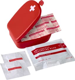 A red plastic first aid kit containing alcohol-free antiseptic cleansing wipes and packets for additional use.