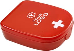 A red plastic first aid kit with a white cross and a logo on the surface.