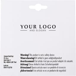 A packaging card featuring a logo and slogan, with a warning label and product information in multiple languages.