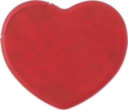 A red heart-shaped case containing mints, featuring a simple design and a logo on the surface.