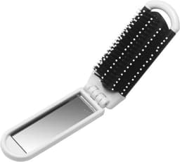 A black and white ABS hair brush with a mirror attached for personal grooming.