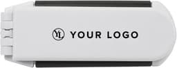 A white ABS hair brush with a mirror featuring a logo on the side and a sleek, compact design.