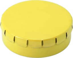A round yellow tin container with a secure lid, designed for holding mints.