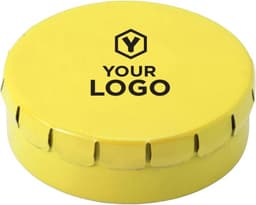 A yellow tin with a lid featuring a logo, designed for holding mints.
