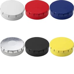 A tin with mints available in red, blue, black, yellow, and white colours, featuring a logo on the lid.
