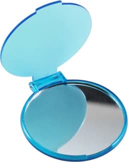 A round, turquoise pocket mirror with a hinged lid, featuring a reflective surface inside.
