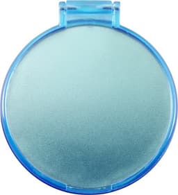 A blue pocket mirror with a round shape and a sleek surface, featuring a hinged cover.